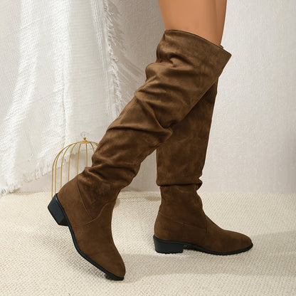 Damen Overknee Stiefel Spitz mit Blockabsatz Slouchy