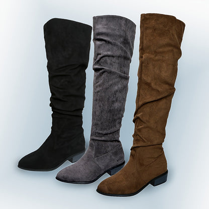 Damen Overknee Stiefel Spitz mit Blockabsatz Slouchy