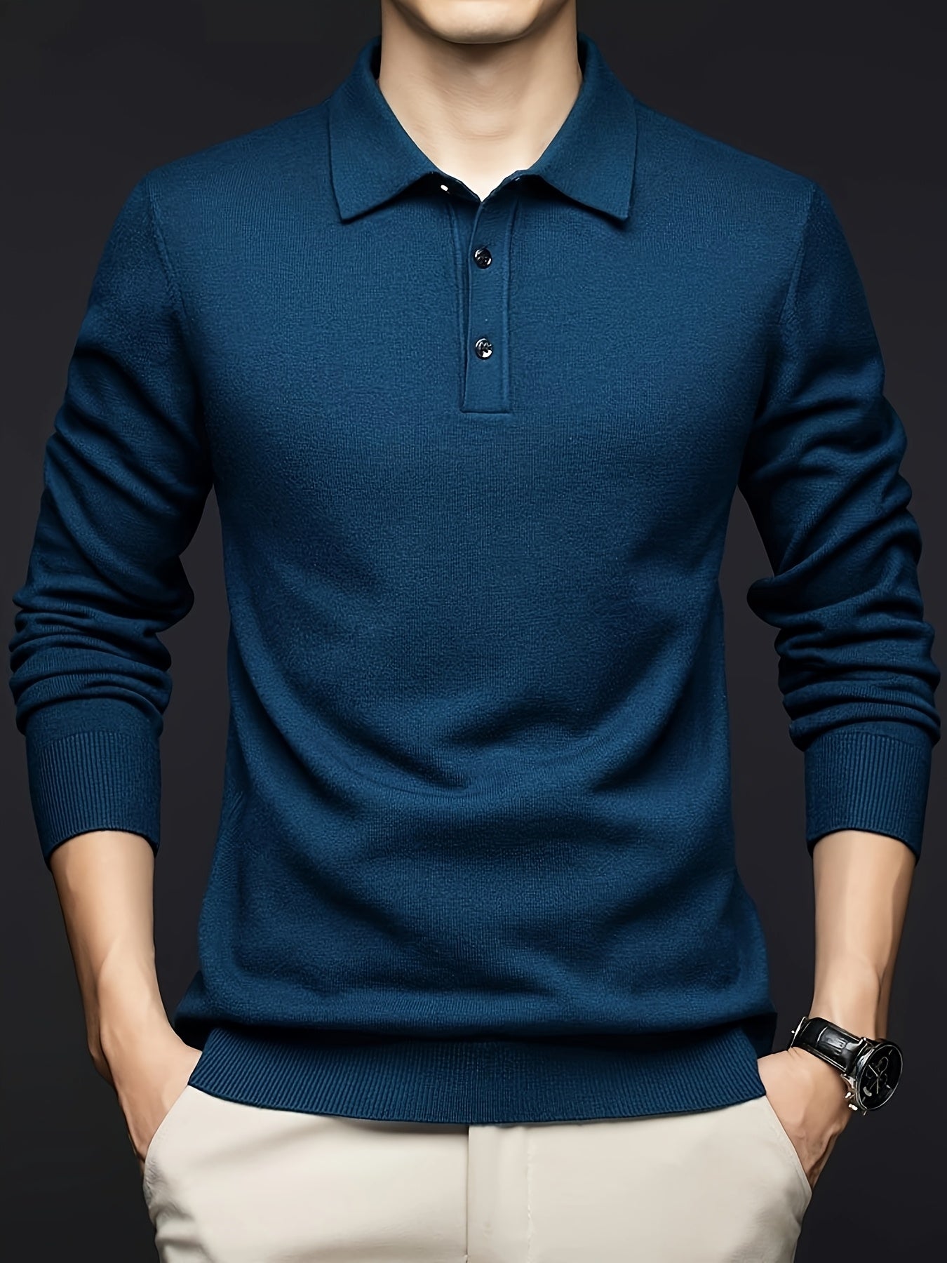 Herren Langarm Poloshirt Strickpullover mit Kragen und Knopfleiste