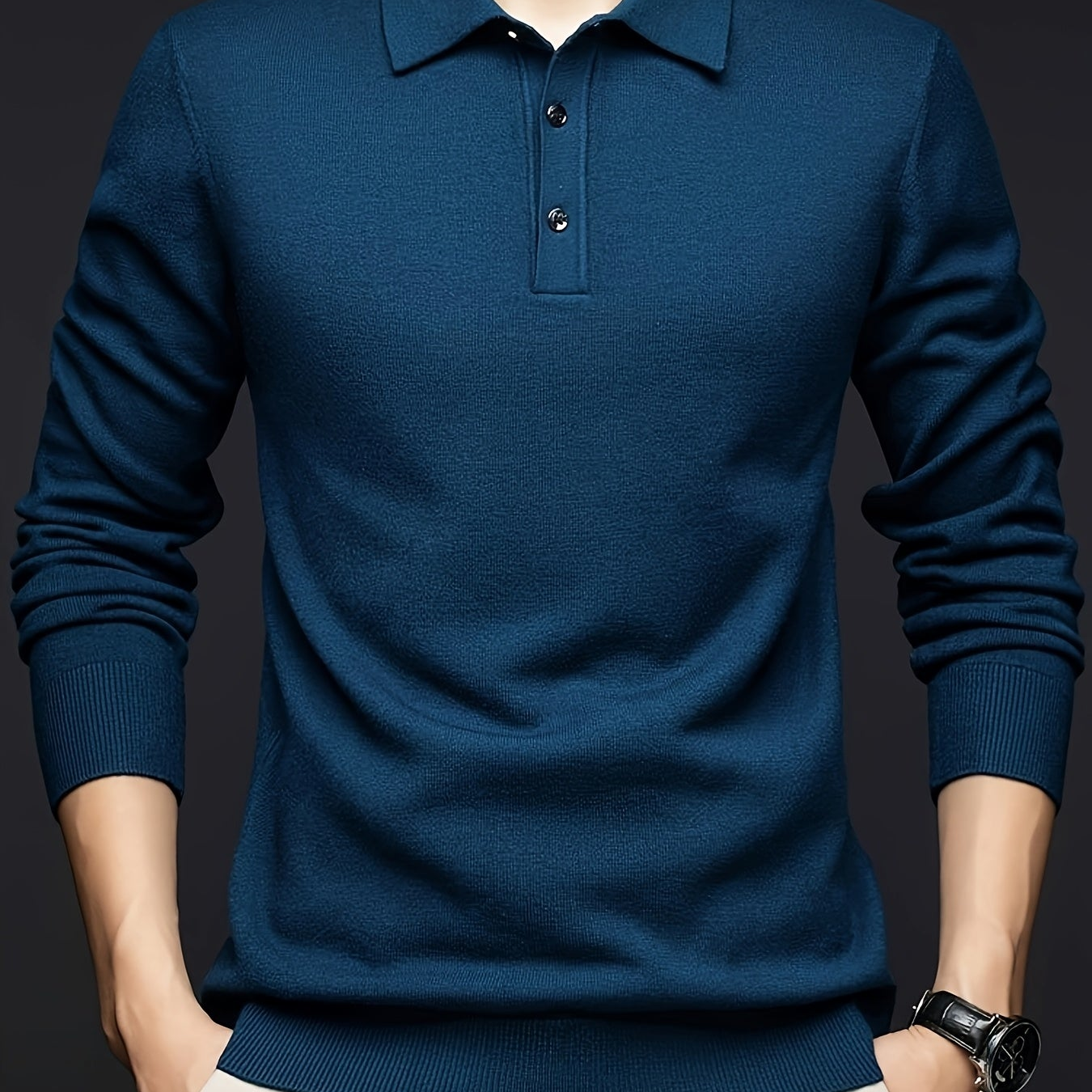 Herren Langarm Poloshirt Strickpullover mit Kragen und Knopfleiste
