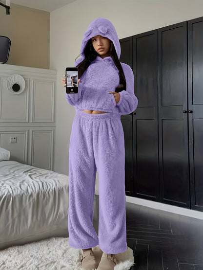 Damen Loungewear Set flauschig mit Hoodie Ohren und Jogginghose