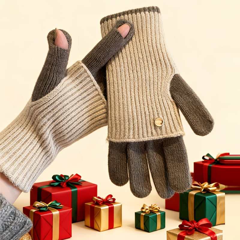 Damen Strickhandschuhe 2-in-1, Fingerlos & mit Fingern, Winter Wärme Handschuhe