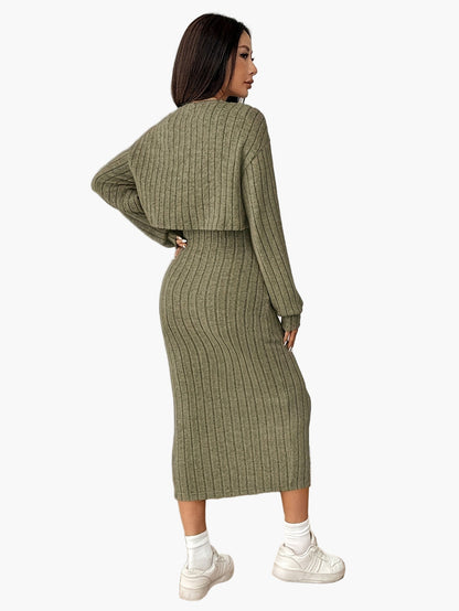 Damen Strickkleid Set Elegant Zweiteiler mit Knopfleiste – Modisch & Vielseitig für Alltag und Freizeit