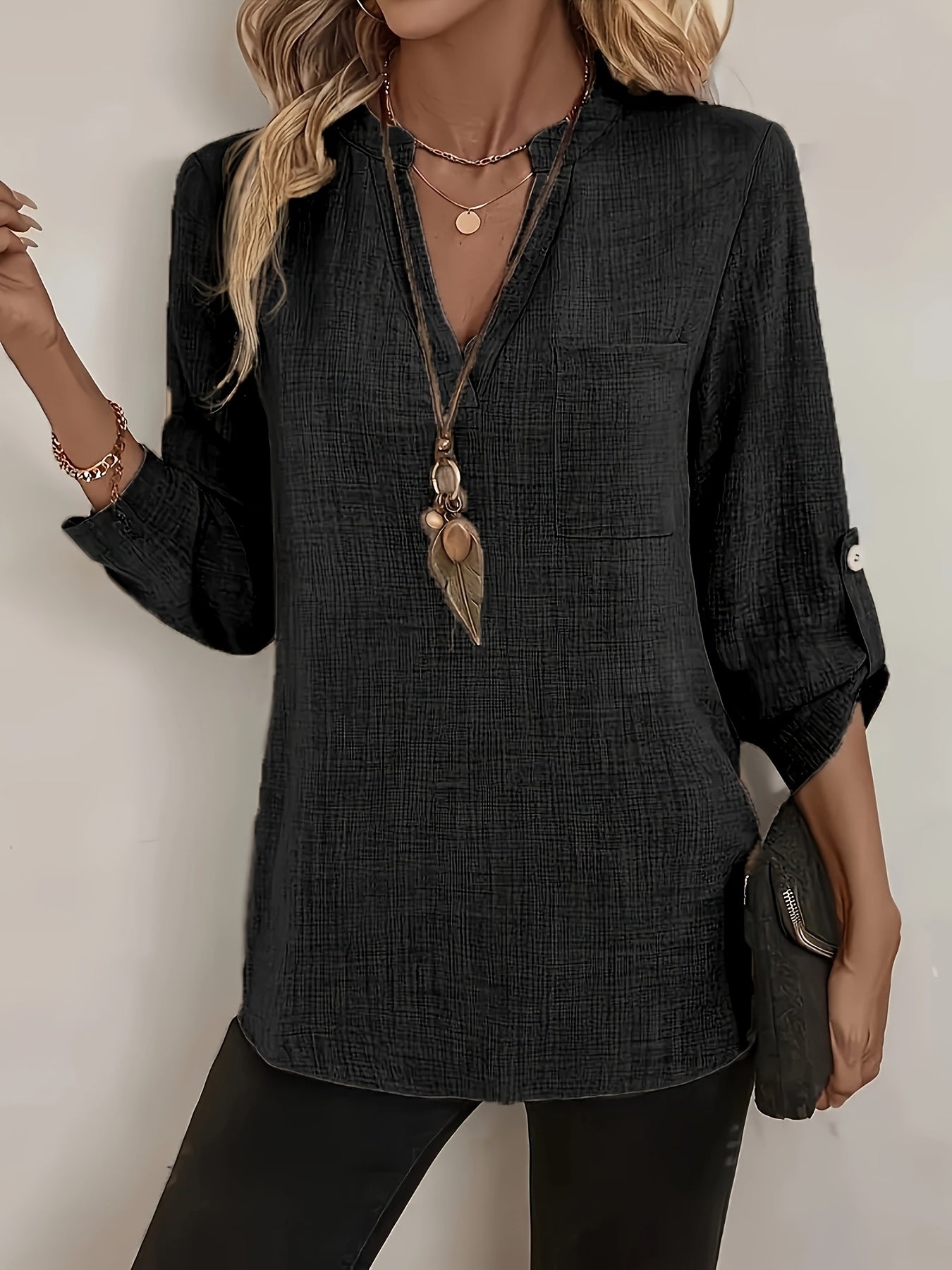 Damen Tunika Bluse mit V-Ausschnitt – Elegante Freizeitmode für Alltag und Büro