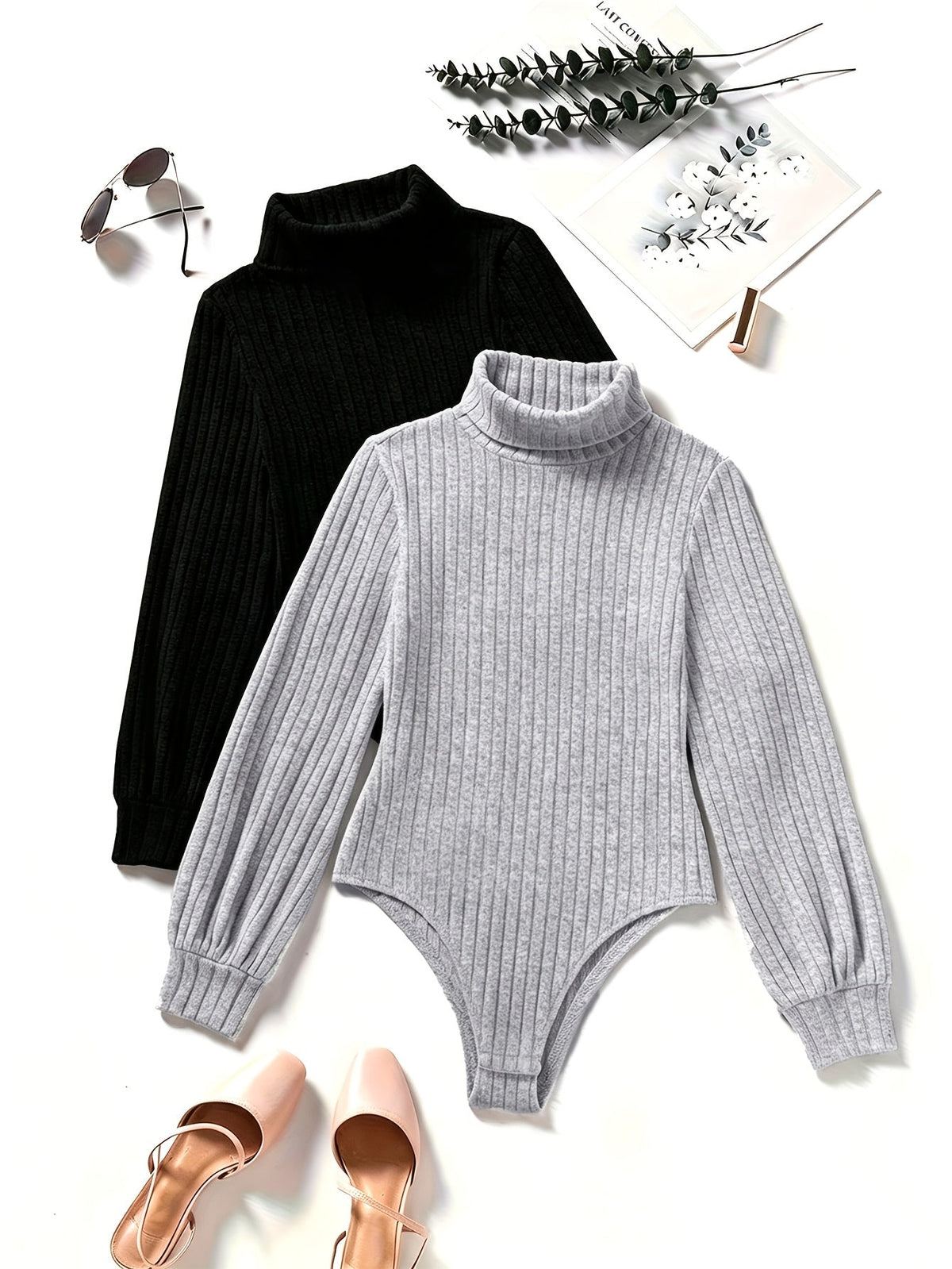 Gerippter Damen Rollkragen Body Langarm Eng Anliegend