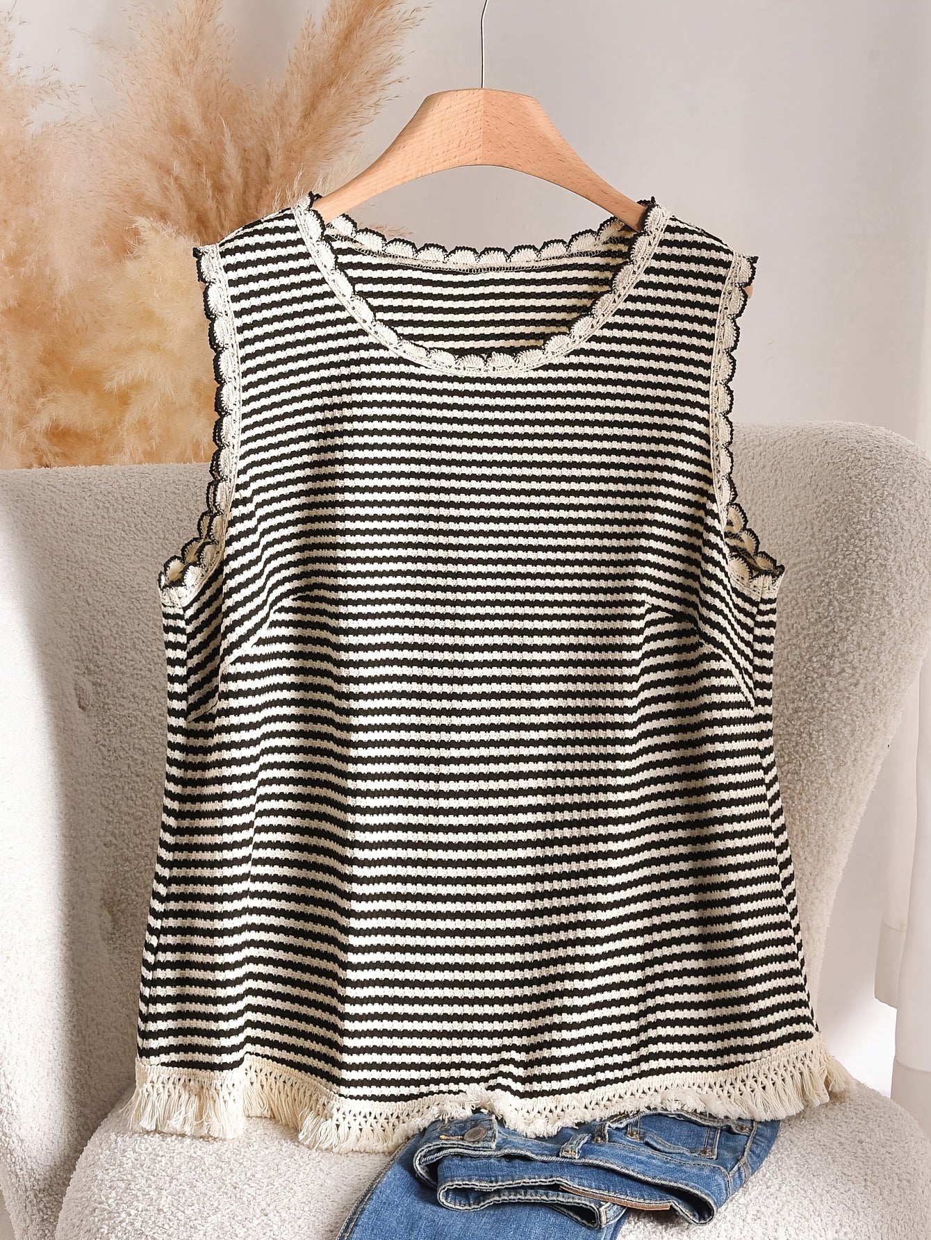 Damen Elegantes Strick-Tanktop mit Fransen und Streifen – Ideal für Frühling & Sommer