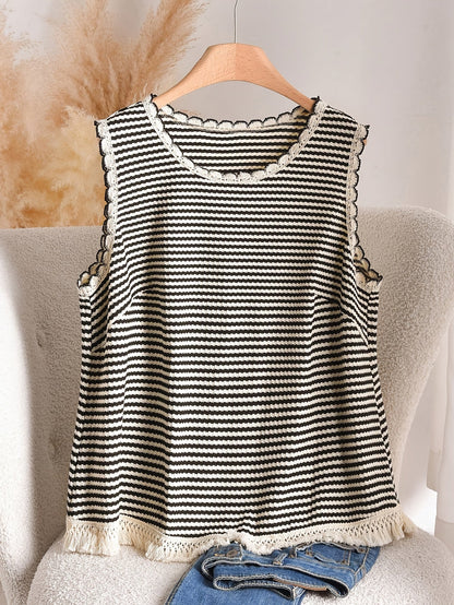 Damen Elegantes Strick-Tanktop mit Fransen und Streifen – Ideal für Frühling & Sommer