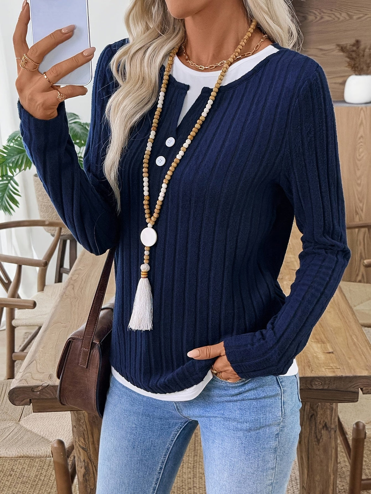 Damen Henley-Shirt Langarm Rippstrick Marineblau mit Knopfleiste