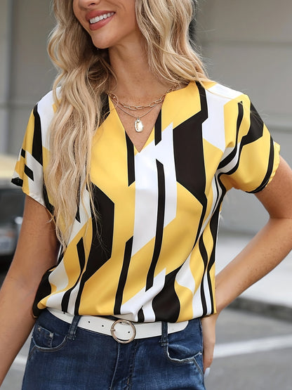 Damen Vintage Bluse mit geometrischem Muster, V-Ausschnitt, ideal für Büro und Freizeit