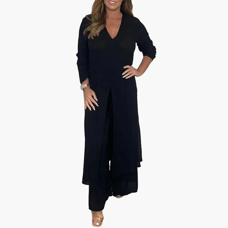 Damen Zweiteiliges Freizeitanzug Set – Eleganter Langer Blazer & Weite Hose für Alltag und besondere Anlässe