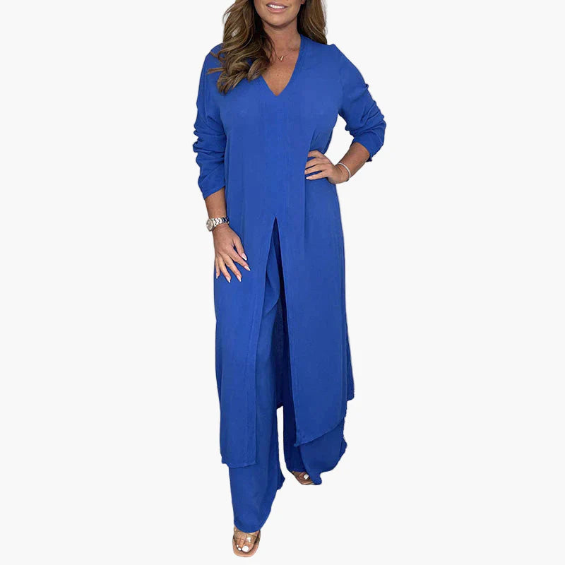 Damen Zweiteiliges Freizeitanzug Set – Eleganter Langer Blazer & Weite Hose für Alltag und besondere Anlässe