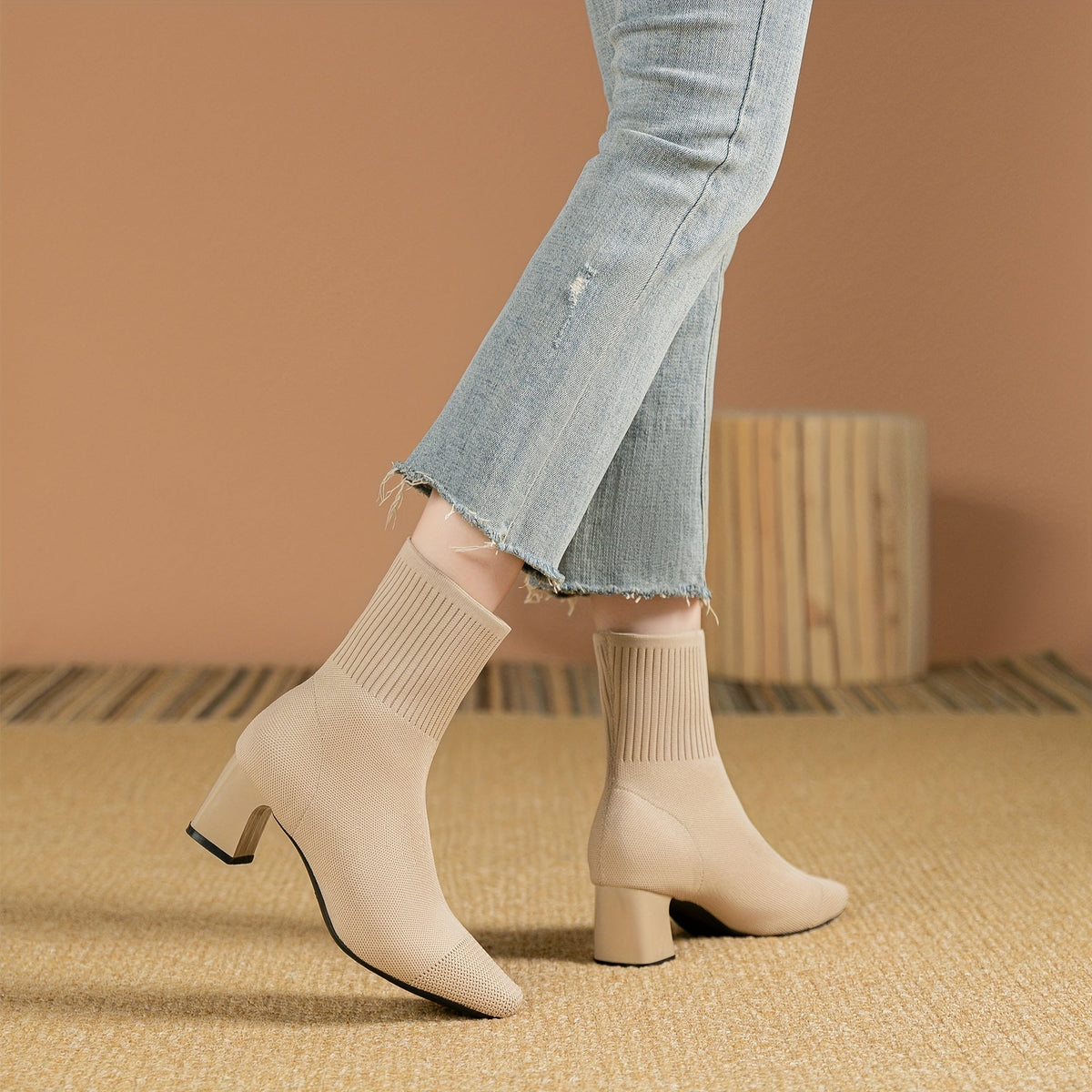 Damen Strick-Stiefeletten mit Blockabsatz – Elegant & Bequem