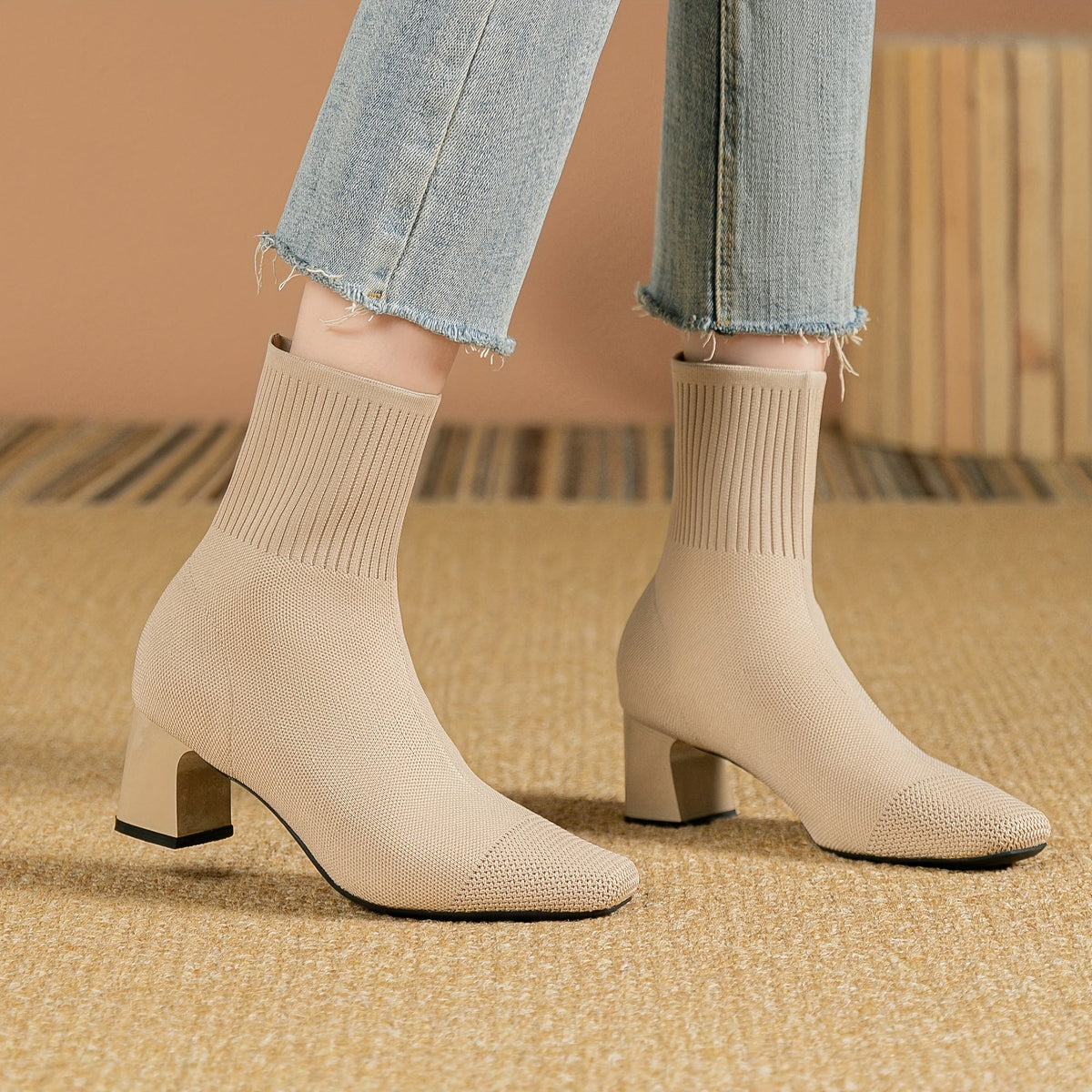Damen Strick-Stiefeletten mit Blockabsatz – Elegant & Bequem