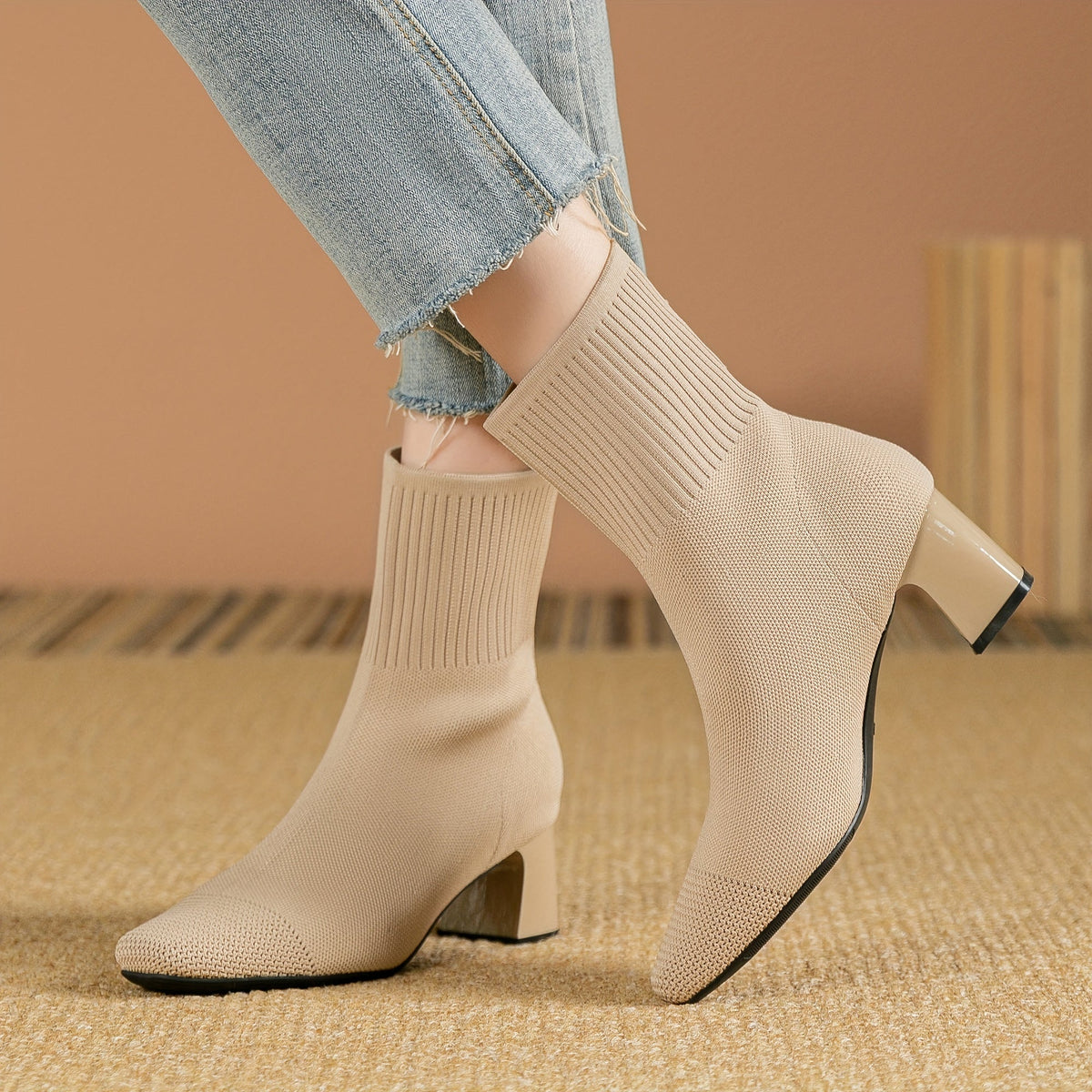 Damen Strick-Stiefeletten mit Blockabsatz – Elegant & Bequem