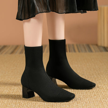 Damen Strick-Stiefeletten mit Blockabsatz – Elegant & Bequem