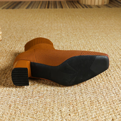 Damen Strick-Stiefeletten mit Blockabsatz – Elegant & Bequem