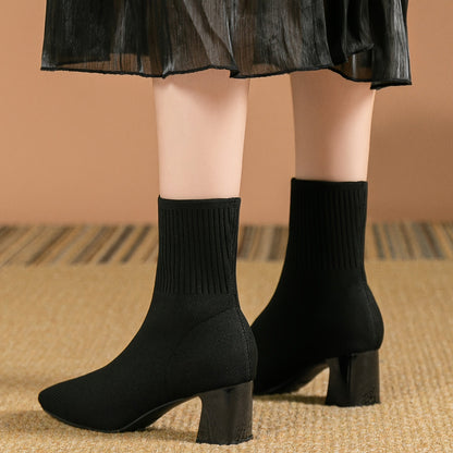 Damen Strick-Stiefeletten mit Blockabsatz – Elegant & Bequem