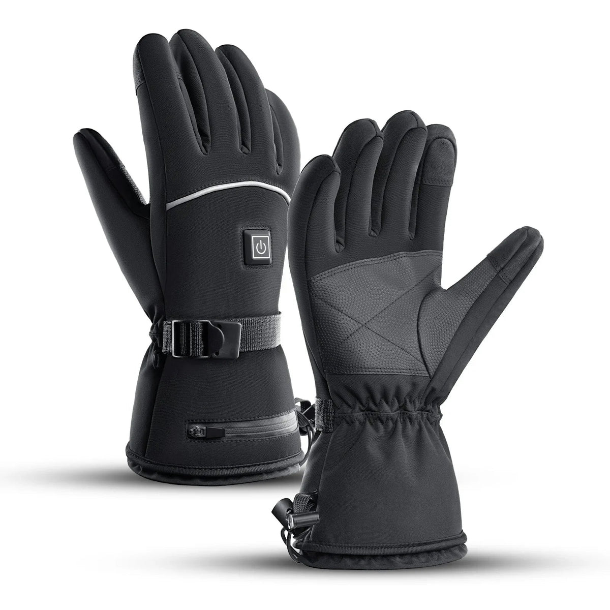 Beheizbare Handschuhe Schwarz mit Touchscreen-Funktion & Schnallenverschluss