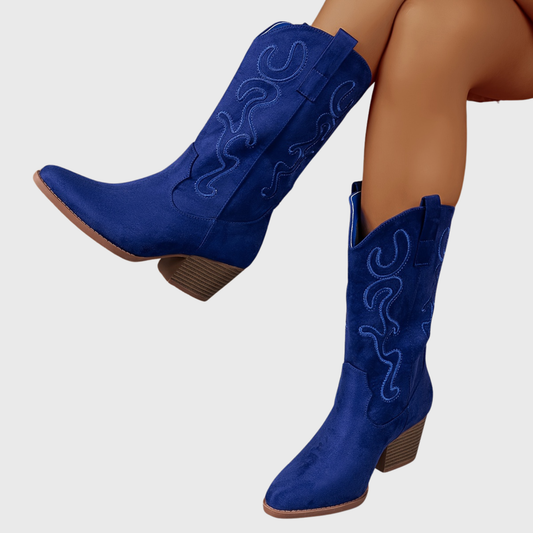 Cowboy Stiefel mit Stickerei Wildleder-Optik Blockabsatz spitze Zehenpartie