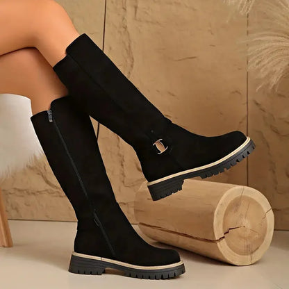 Damen Stiefel Schwarz Hoch Schaft Schnalle Grobe Sohle Reißverschluss