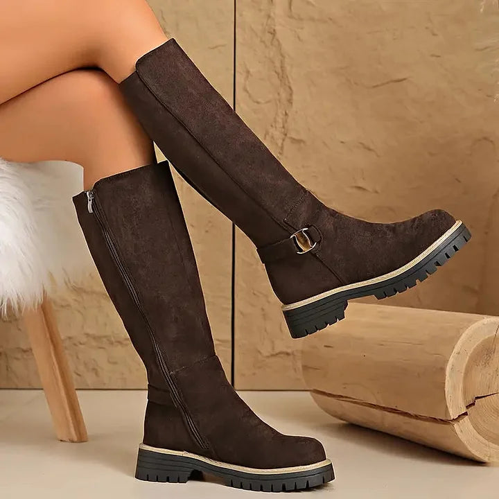 Damen Stiefel Schwarz Hoch Schaft Schnalle Grobe Sohle Reißverschluss