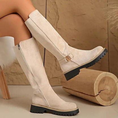 Damen Stiefel Schwarz Hoch Schaft Schnalle Grobe Sohle Reißverschluss