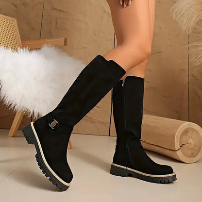 Damen Stiefel Schwarz Hoch Schaft Schnalle Grobe Sohle Reißverschluss