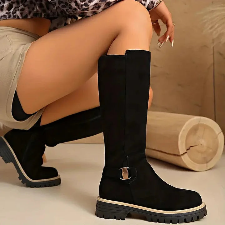 Damen Stiefel Schwarz Hoch Schaft Schnalle Grobe Sohle Reißverschluss