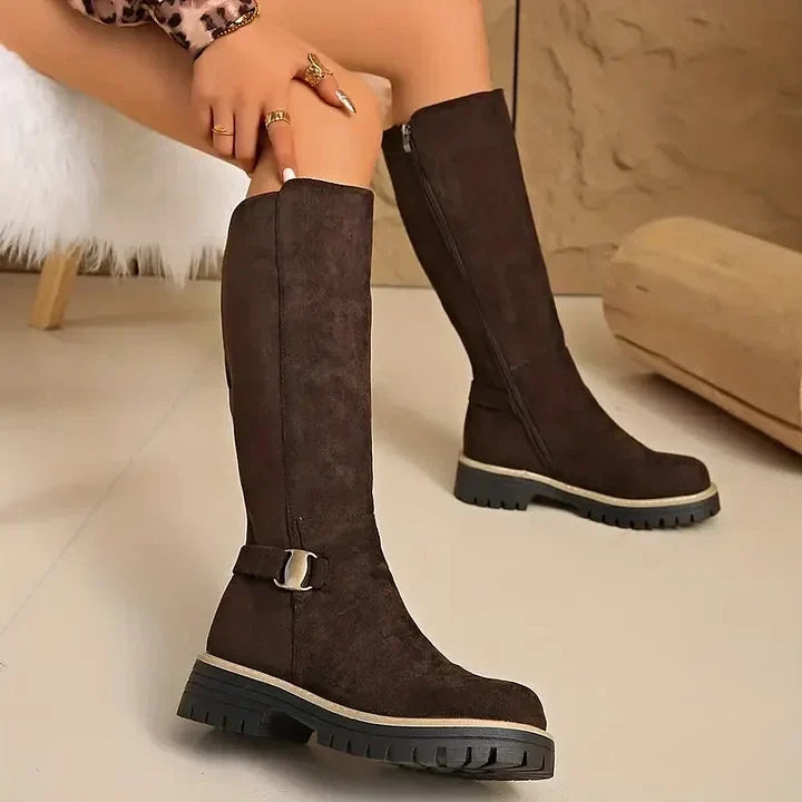 Damen Stiefel Schwarz Hoch Schaft Schnalle Grobe Sohle Reißverschluss