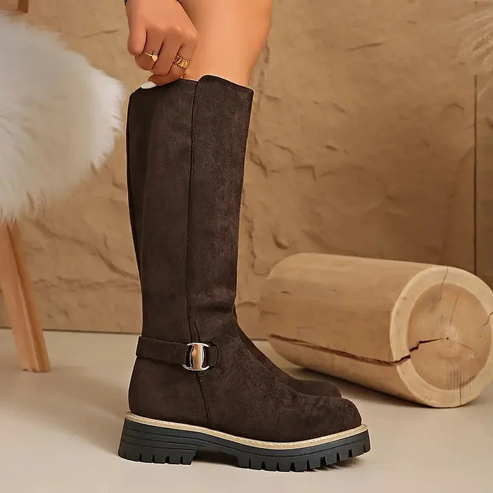 Damen Stiefel Schwarz Hoch Schaft Schnalle Grobe Sohle Reißverschluss