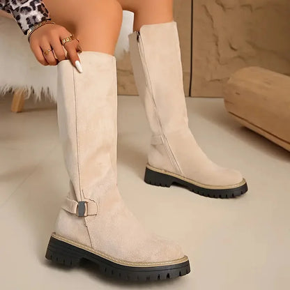 Damen Stiefel Schwarz Hoch Schaft Schnalle Grobe Sohle Reißverschluss