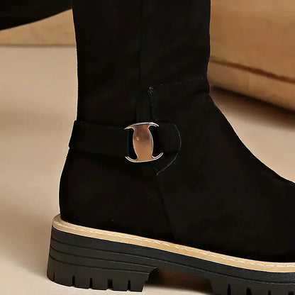 Damen Stiefel Schwarz Hoch Schaft Schnalle Grobe Sohle Reißverschluss