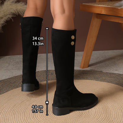 Damen Stiefel Kniehoch mit Zierknöpfen und Reißverschluss in Wildleder-Optik