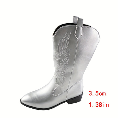 Silberne Westernstiefel mit Stickerei, spitze Zehenpartie