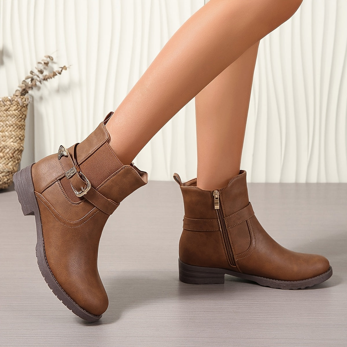 Braune Damen Stiefeletten mit Schnalle und Reißverschluss