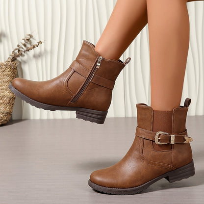 Braune Damen Stiefeletten mit Schnalle und Reißverschluss