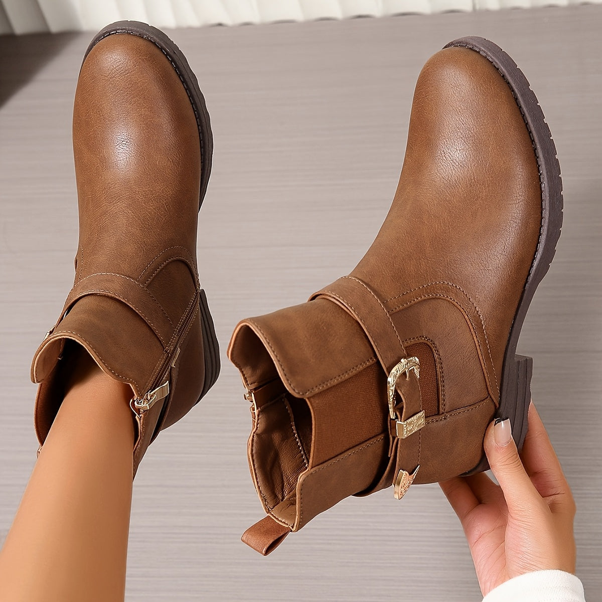Braune Damen Stiefeletten mit Schnalle und Reißverschluss