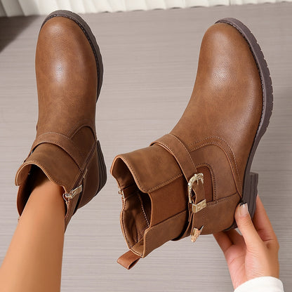 Braune Damen Stiefeletten mit Schnalle und Reißverschluss