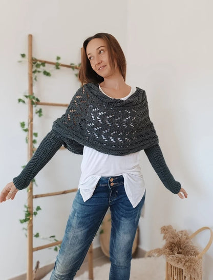 Gestrickter Bolero Damen Wickelpullover mit Ärmeln und Lochmuster