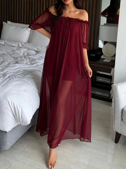 Damen Off-Shoulder Maxikleid Nachtkleid Elegant für Zuhause und Schlafen
