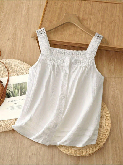 Damen Spitzen-Top mit Knopfleiste und eckigem Ausschnitt – Romantische Bluse für Alltag und Freizeit
