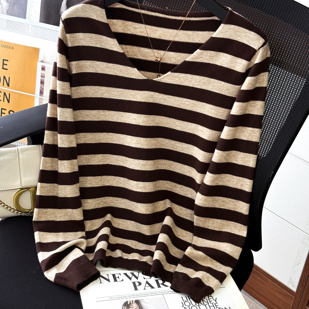 Damen Pullover V-Ausschnitt Gestreift Beige Marineblau Langarm