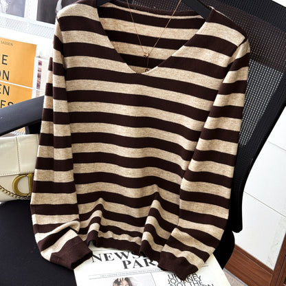 Damen Pullover V-Ausschnitt Gestreift Beige Marineblau Langarm
