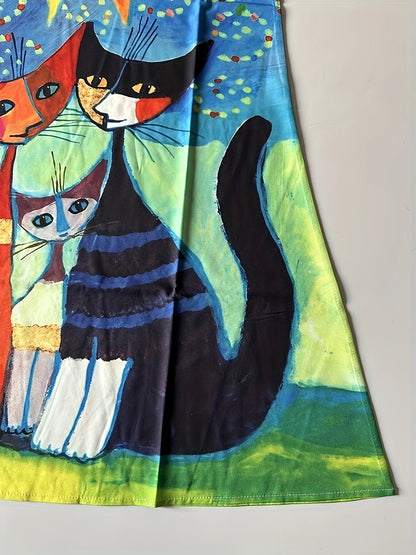 Damen Kleid mit Katzenmotiv und Sonne, ärmellos, Vintage Stil, Freizeitkleid