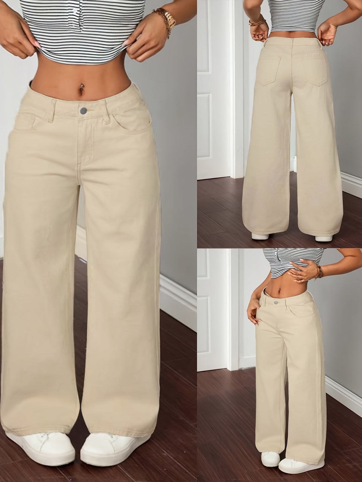 Damen Baggy Hose Beige High Waist Weites Bein Jeans-Stil