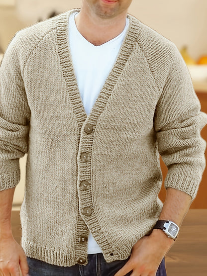 Herren Strickjacke Beige V-Ausschnitt Knopfleiste Lange Ärmel Grobstrick