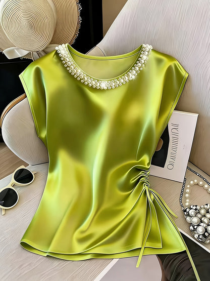 Damen Elegante Bluse mit Perlenkragen und Raffungsdetail – Stilvolles Kurzarm-Oberteil für festliche Anlässe oder Büro