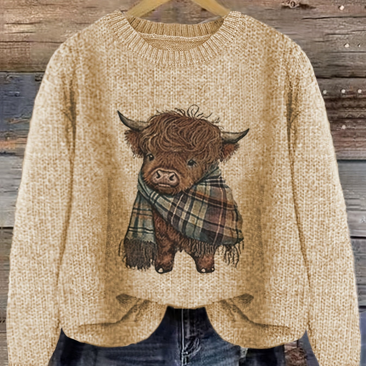 Damen Pullover mit Highland-Kuh Motiv und Rundhalsausschnitt – Verspielter Strickpullover im lässigen Stil