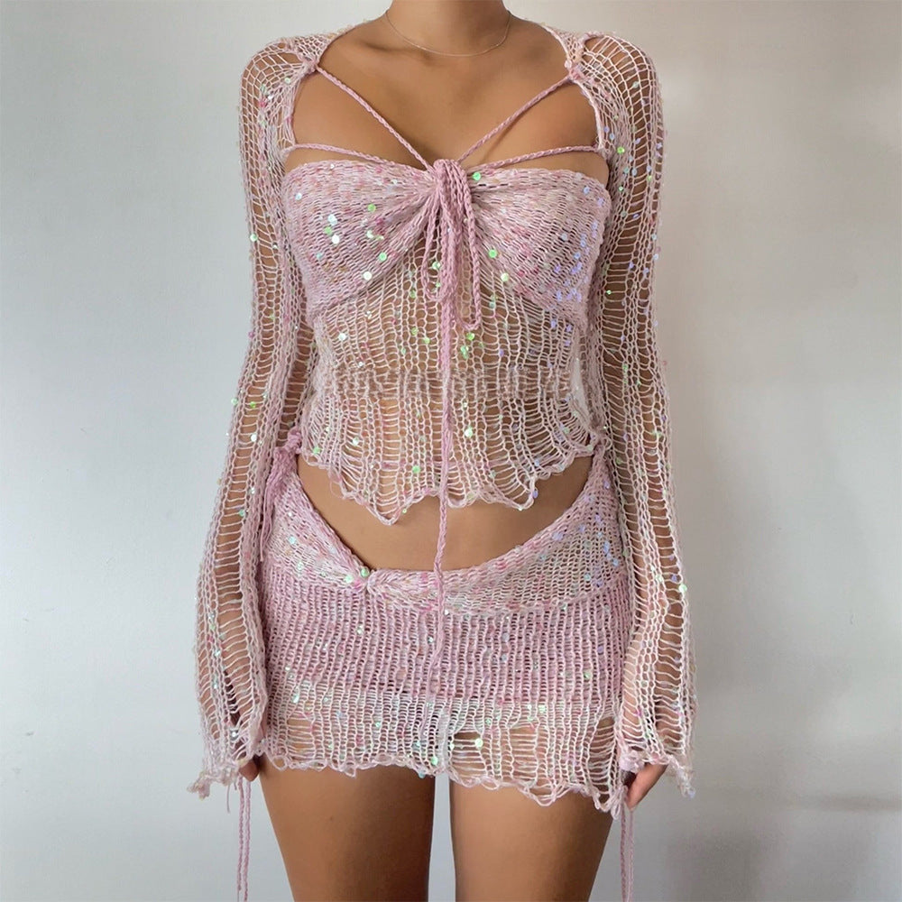 Extravagantes Damen-2-Teiler-Set mit Netzoptik für Festival & Clubwear