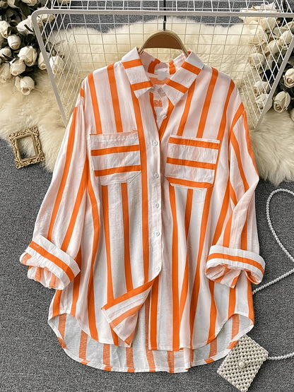 Damen Streifen-Bluse im Boyfriend-Stil mit Knopfleiste und Brusttaschen – Elegante Freizeit- und Businessmode